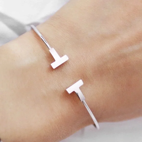 SILVER DOUBLE T OPEN CUFF WIRE BRACELET